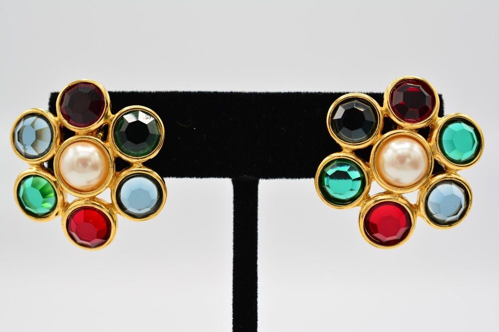 Monet Vintage Crystal Earrings Open Bezel Flower Pearl Gold Signed 1980s BinAG